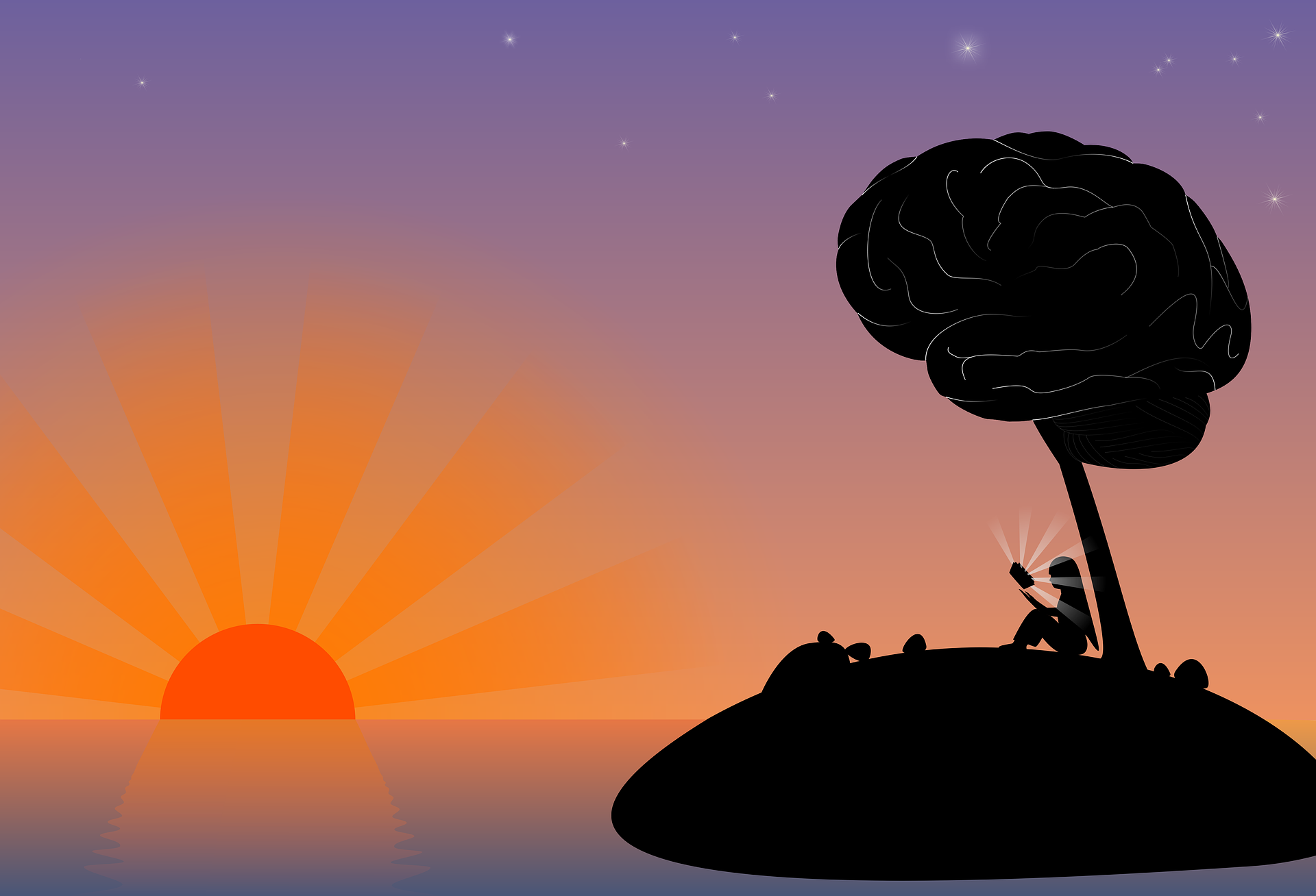 How To Relieve Stress and Anxiety - 4 Simple Steps. A girl sitting under a brain-shaped tree.