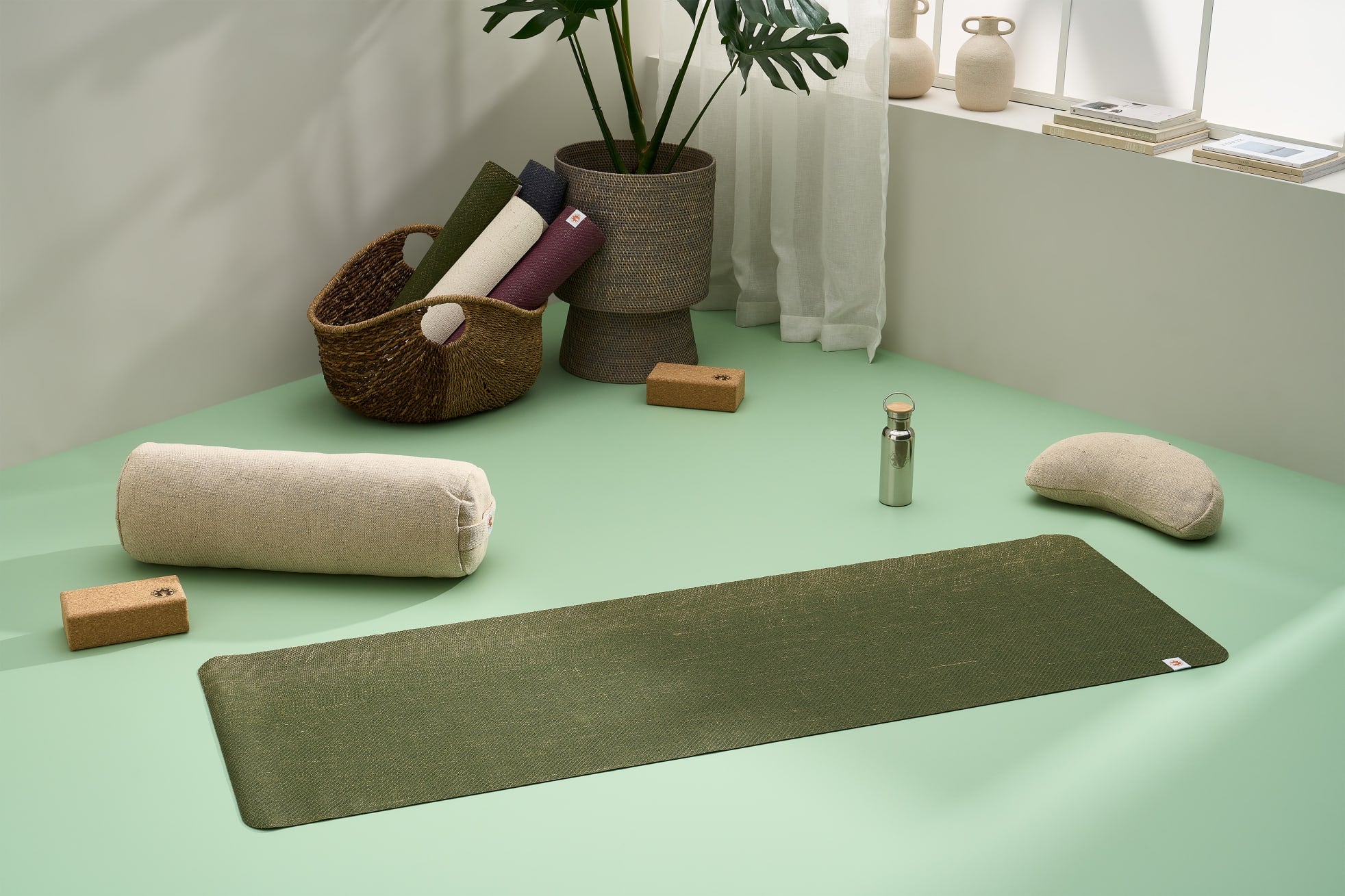 Complete Unity Yoga - Forest Green Non-Slip Jute Yoga Mat - Yoga Bolster - Cork Yoga Blocks - Meditation Cushion - Water Bottle
