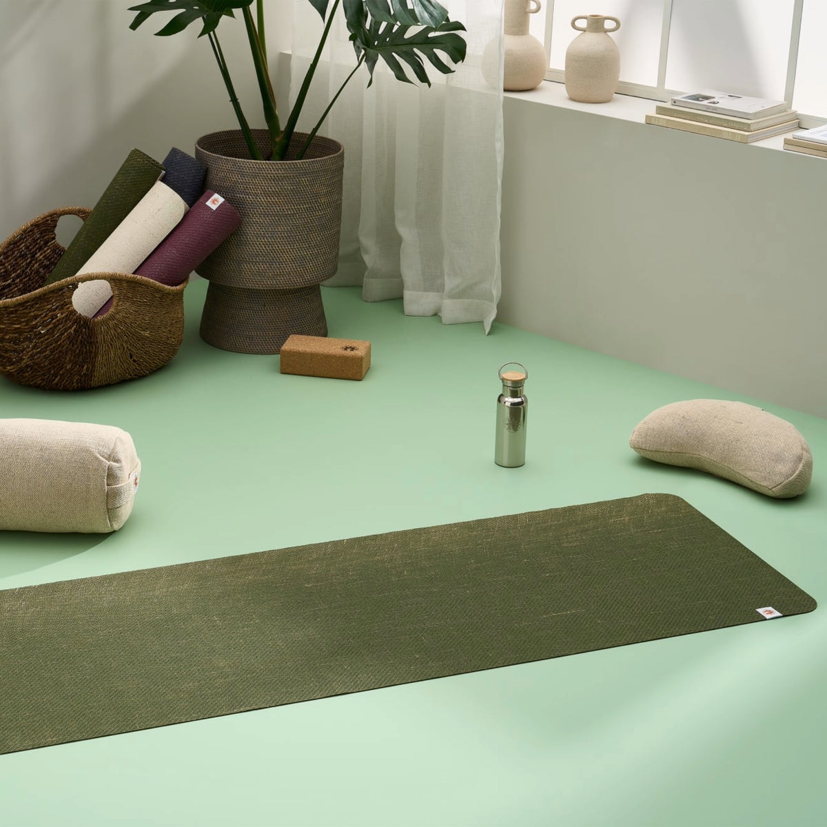 Complete Unity Yoga - Forest Green Non-Slip Jute Yoga Mat - Yoga Bolster - Cork Yoga Blocks - Meditation Cushion - Water Bottle