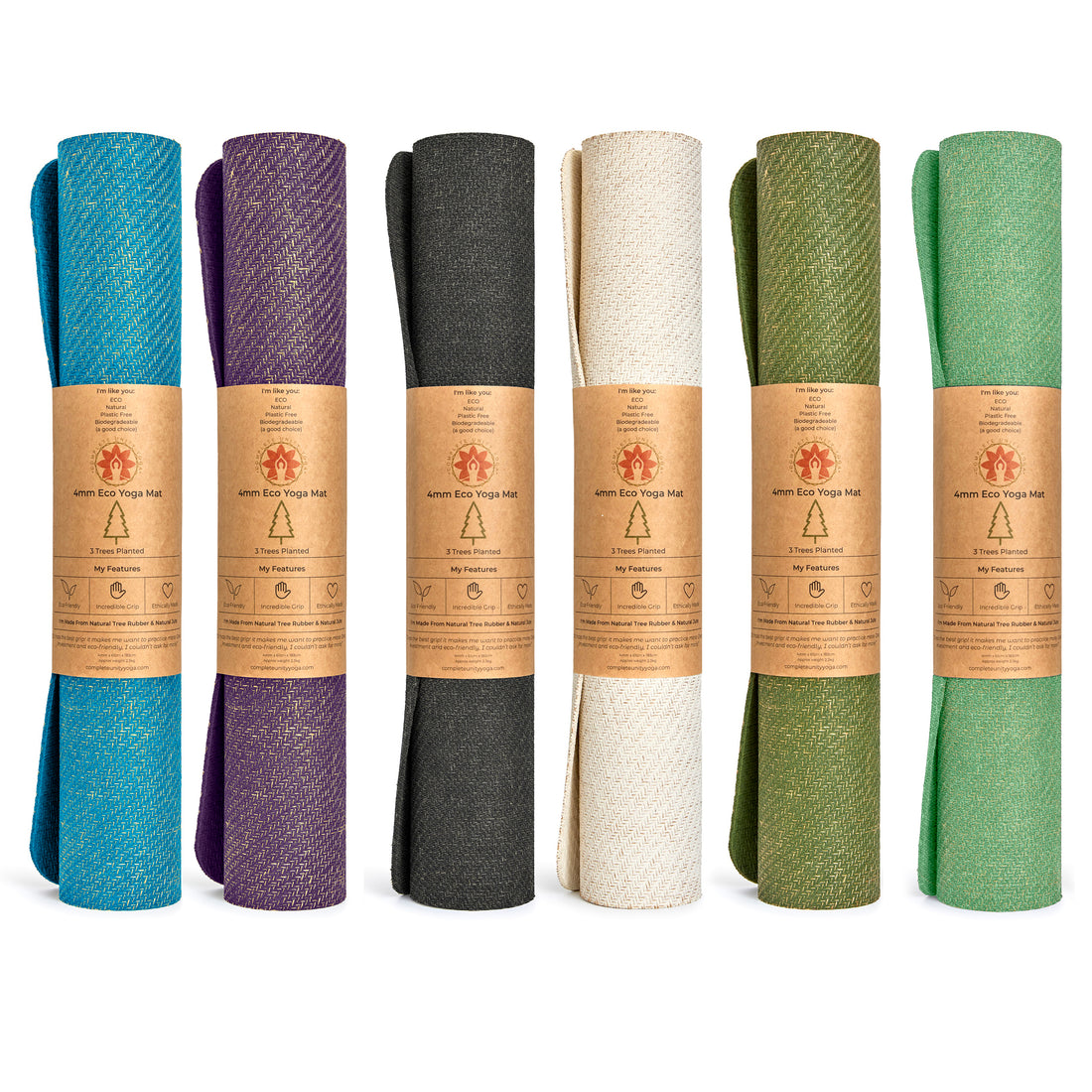 CompleteGrip™ Jute Non-Slip Yoga Mat photograph of rolled yoga mats in Forest Green, Space Black, Eco Natural White, and Majestic Purple Matcha Green