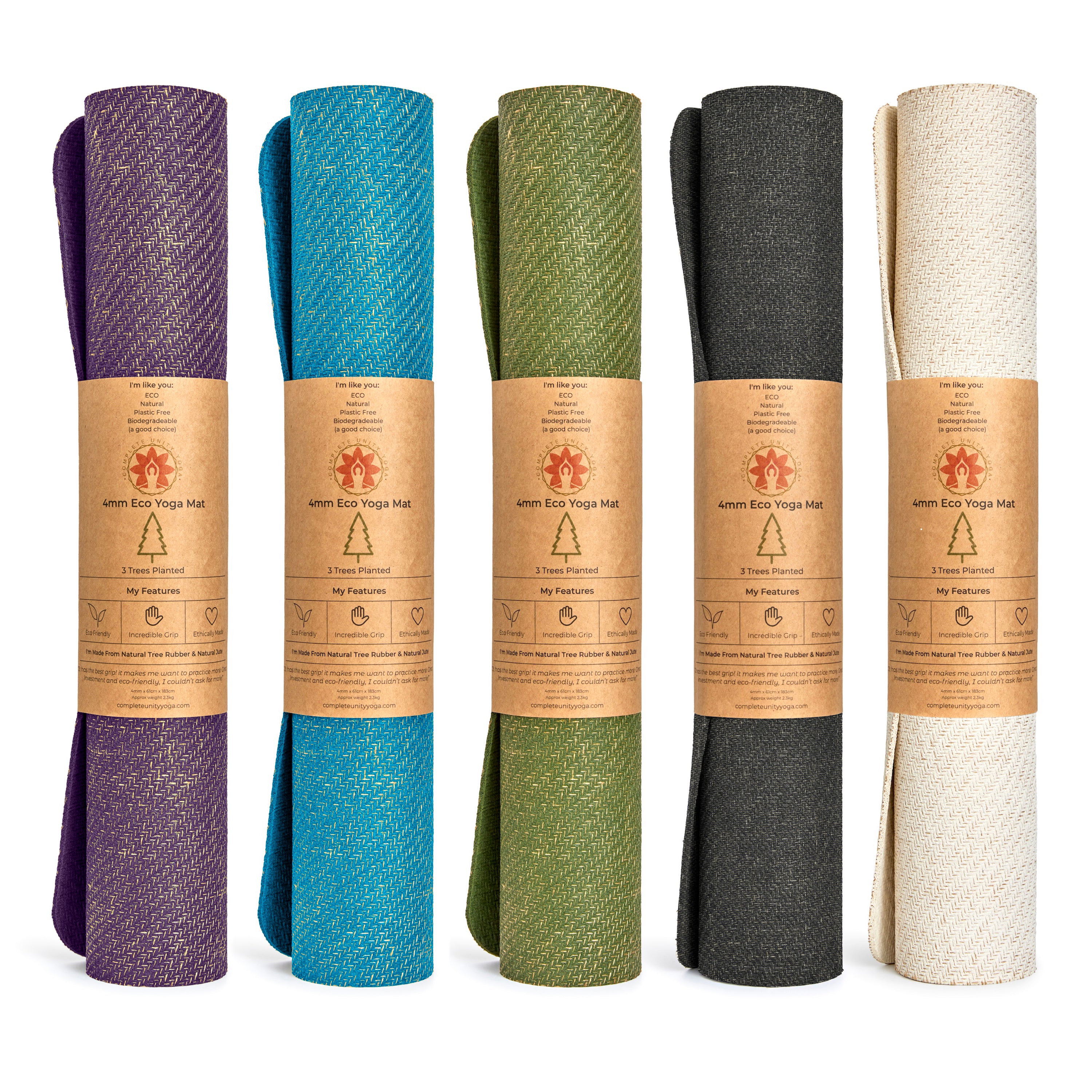 CompleteGrip™ Jute Non-Slip Yoga Mat photograph of rolled yoga mats in Forest Green, Space Black, and Eco Natural White #yoga-mat-bag-colour_mindful-jungle