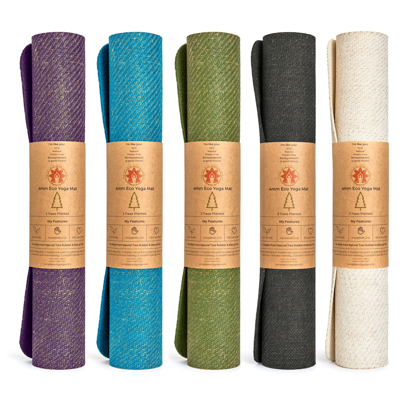 CompleteGrip™ Jute Non-Slip Yoga Mat photograph of rolled yoga mats in Forest Green, Space Black, Eco Natural White, and Majestic Purple #meditation-cushion-colour_meadow-of-enlightenment