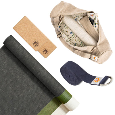 CompleteGrip™ Jute Non-Slip Yoga Mat Beginner Yoga Set photograph of meadow of enlightenment yoga mat bag, yoga strap, 2 yoga blocks and yoga mats in Forest Green, Space Black, and Eco Natural White #yoga-mat-bag-colour_meadow-of-enlightenment