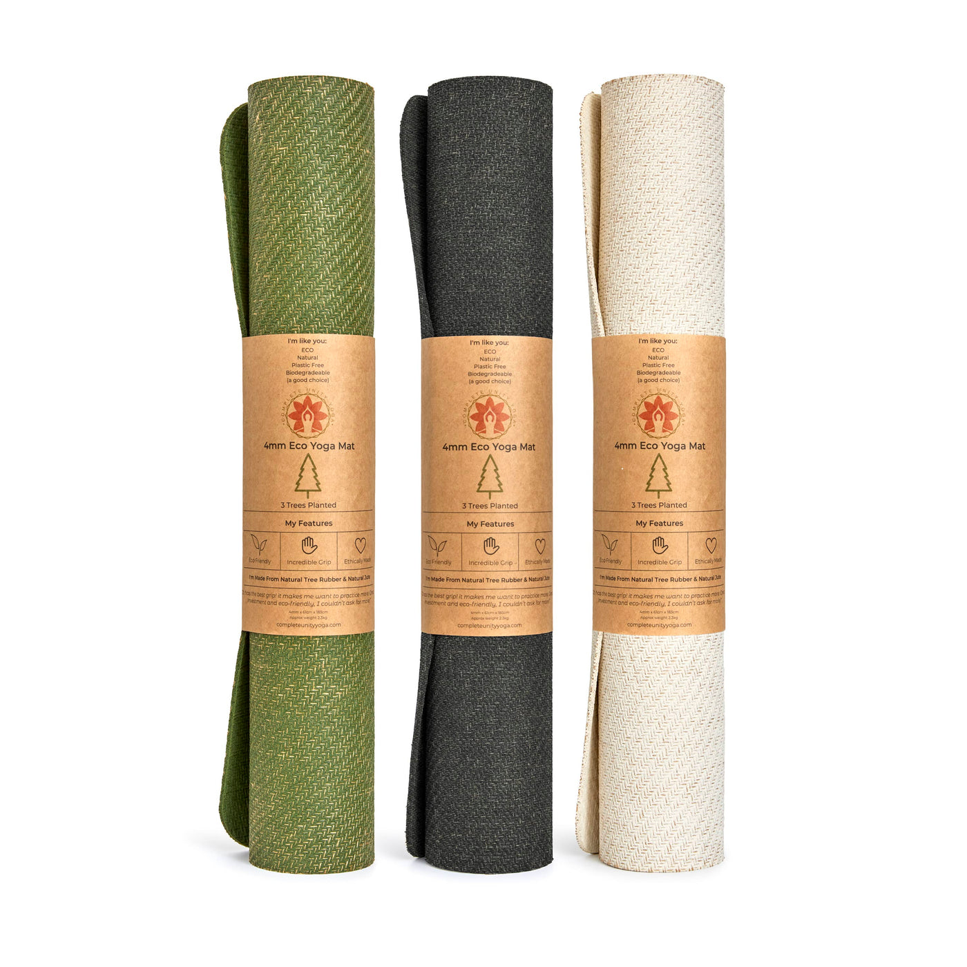 CompleteGrip™ Jute Non-Slip Yoga Mat photograph of rolled yoga mats in Forest Green, Space Black, and Eco Natural White #yoga-mat-bag-colour_meadow-of-enlightenment