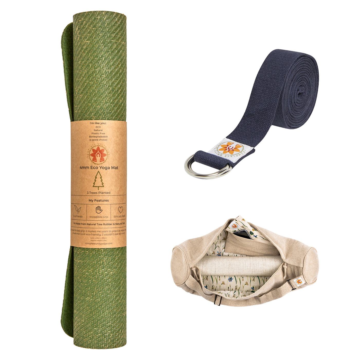 CompleteGrip™ Jute Non-Slip Yoga Mat Studio Yogi Yoga Set photograph of meadow of enlightenment yoga mat bag, yoga strap and yoga mats in Forest Green, Space Black, and Eco Natural White #yoga-mat-bag-colour_meadow-of-enlightenment
