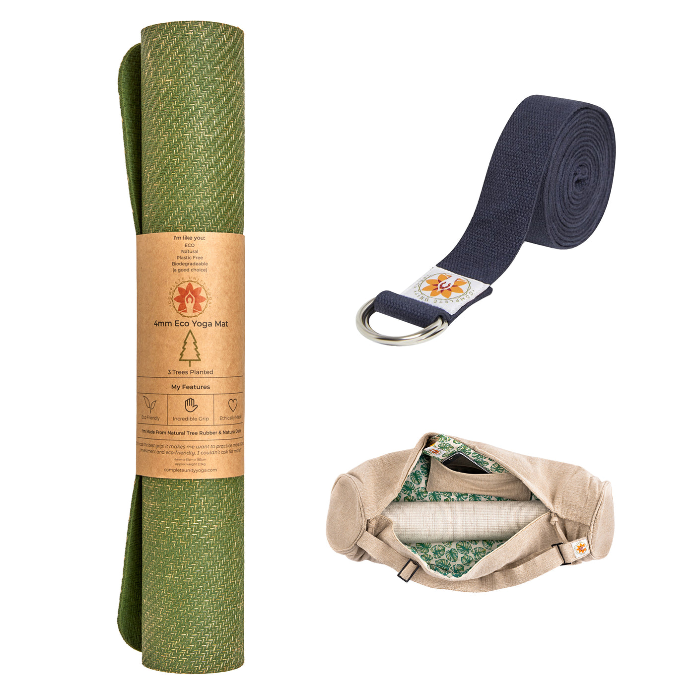 CompleteGrip™ Jute Non-Slip Yoga Mat Studio Yogi Yoga Set photograph of mindful jungle yoga mat bag, yoga strap and yoga mats in Forest Green, Space Black, and Eco Natural White #yoga-mat-bag-colour_mindful-jungle