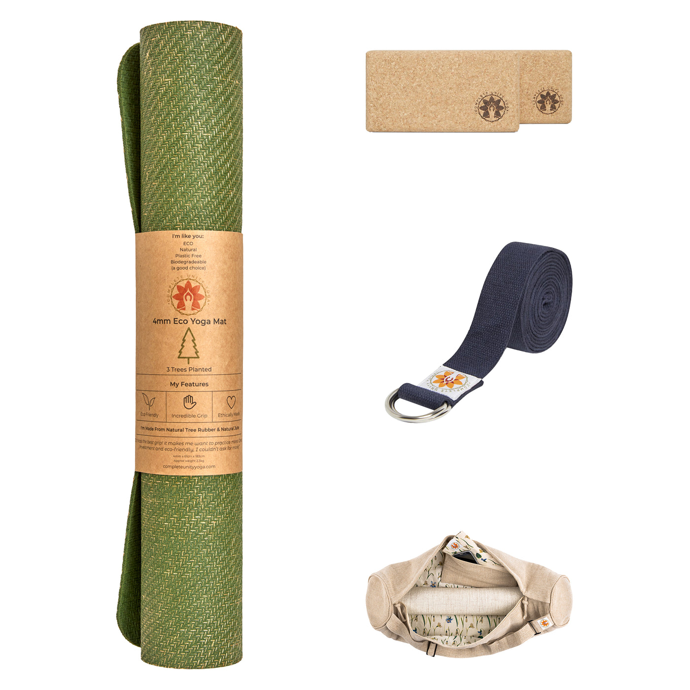 CompleteGrip™ Jute Non-Slip Yoga Mat Beginner Yoga Set photograph of meadow of enlightenment yoga mat bag, yoga strap, 2 yoga blocks and yoga mats in Forest Green, Space Black, and Eco Natural White #yoga-mat-bag-colour_meadow-of-enlightenment