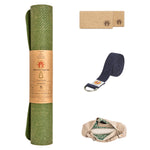 CompleteGrip™ Jute Non-Slip Yoga Mat Beginner Yoga Set photograph of mindful jungle yoga mat bag, yoga strap, 2 yoga blocks and yoga mats in Forest Green, Space Black, and Eco Natural White  #yoga-mat-bag-colour_mindful-jungle
