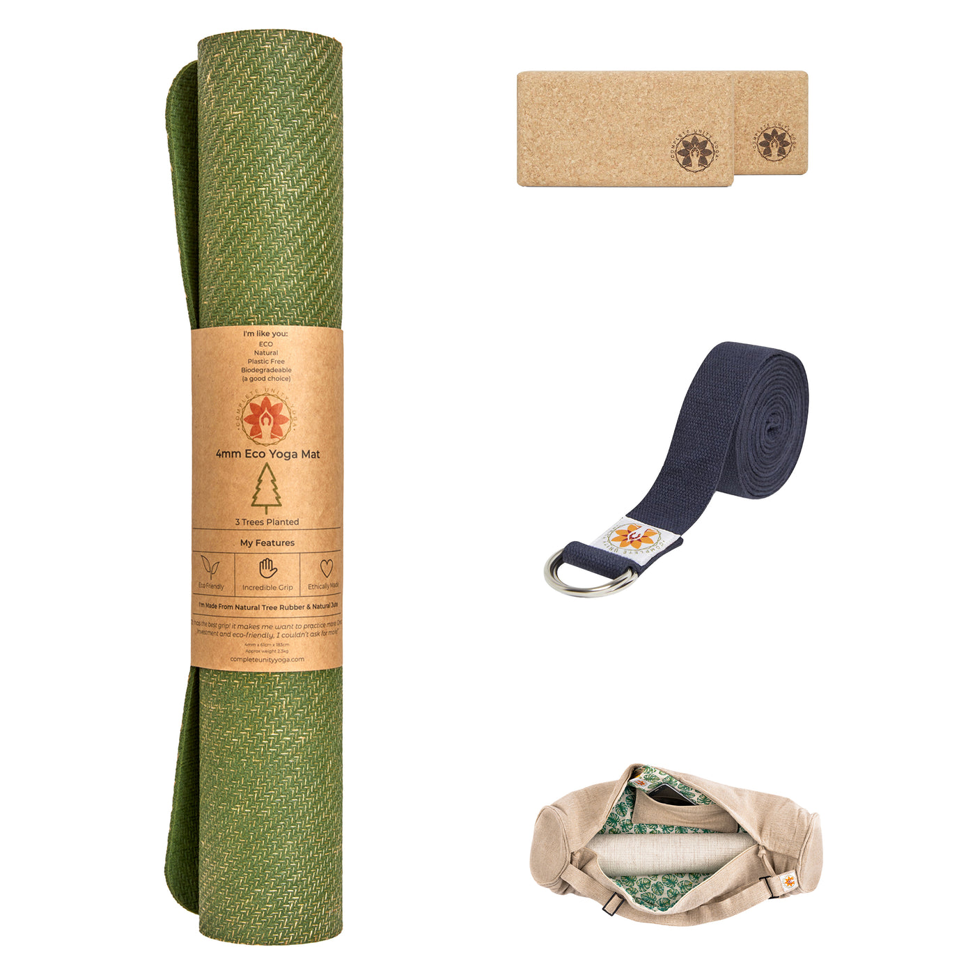 CompleteGrip™ Jute Non-Slip Yoga Mat Beginner Yoga Set photograph of mindful jungle yoga mat bag, yoga strap, 2 yoga blocks and yoga mats in Forest Green, Space Black, and Eco Natural White  #yoga-mat-bag-colour_mindful-jungle