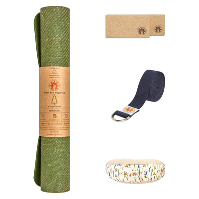 CompleteGrip™ Jute Non-Slip Yoga Mat Home Yoga Set photograph of meadow of enlightenment meditation cushion, yoga strap, cork yoga blocks and yoga mats in Forest Green, Space Black, and Eco Natural White  #meditation-cushion-colour_meadow-of-enlightenment