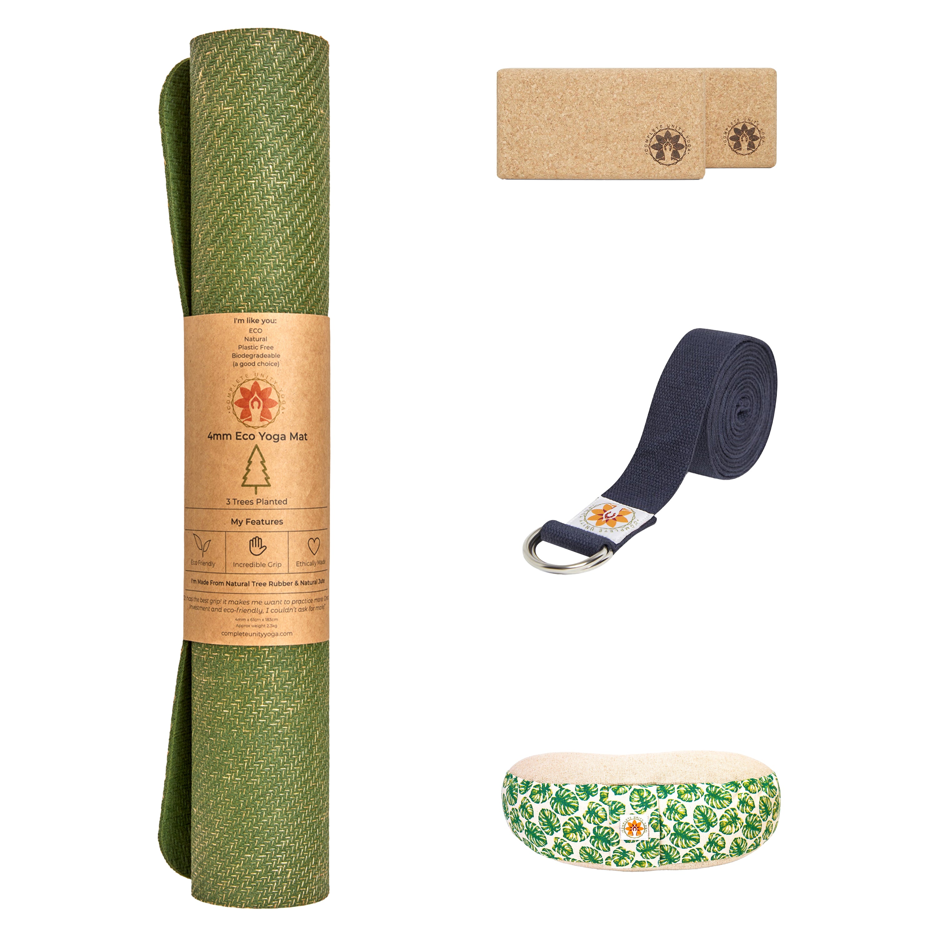 CompleteGrip™ Jute Non-Slip Yoga Mat Home Yoga Set photograph of mindful jungle meditation cushion, yoga strap, cork yoga blocks and yoga mats in Forest Green, Space Black, and Eco Natural White  #meditation-cushion-colour_mindful-jungle