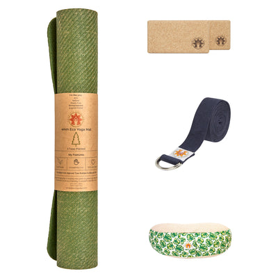 CompleteGrip™ Jute Non-Slip Yoga Mat Home Yoga Set photograph of mindful jungle meditation cushion, yoga strap, cork yoga blocks and yoga mats in Forest Green, Space Black, and Eco Natural White  #meditation-cushion-colour_mindful-jungle