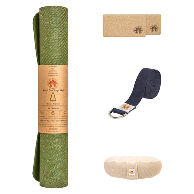 CompleteGrip™ Jute Non-Slip Yoga Mat Home Yoga Set photograph of natural meditation cushion, yoga strap, cork yoga blocks and yoga mats in Forest Green, Space Black, and Eco Natural White  #meditation-cushion-colour_natural