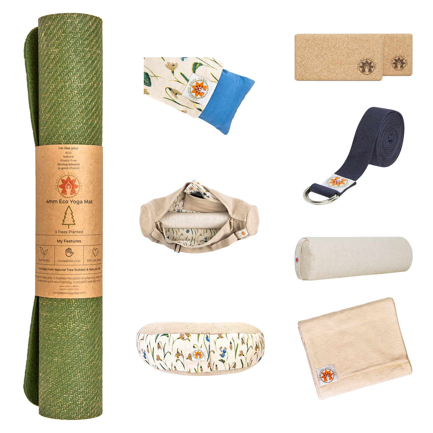 CompleteGrip™ Jute Non-Slip Yoga Mat Home Yoga Set photograph of meadow of enlightenment meditation cushion, yoga mat bag, eye pillow, yoga bolster, yoga blanket, yoga strap, cork yoga blocks and yoga mats in Forest Green, Space Black, and Eco Natural White #yoga-mat-bag-meditation-cushion-eye-pillow-colour_meadow-of-enlightenment