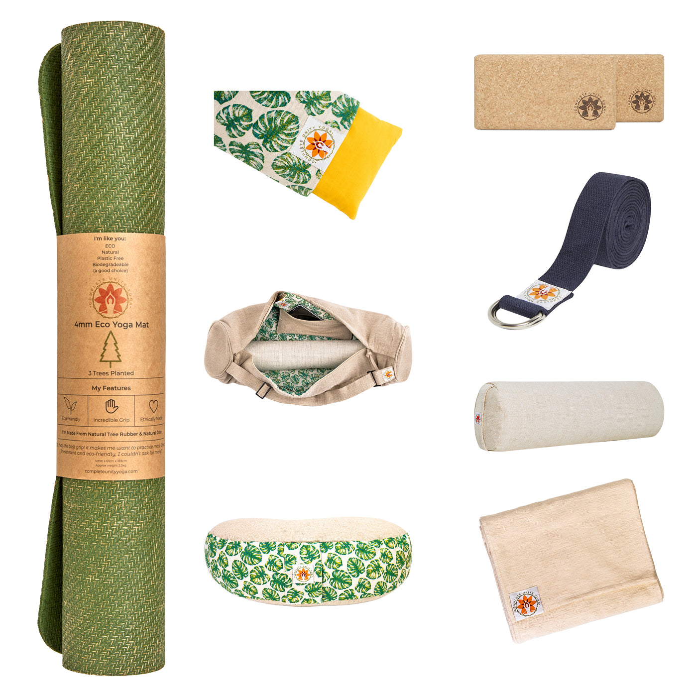 CompleteGrip™ Jute Non-Slip Yoga Mat Home Yoga Set photograph of meadow of enlightenment meditation cushion, yoga mat bag, eye pillow, yoga bolster, yoga blanket, yoga strap, cork yoga blocks and yoga mats in Forest Green, Space Black, and Eco Natural White #yoga-mat-bag-meditation-cushion-eye-pillow-colour_mindful-jungle