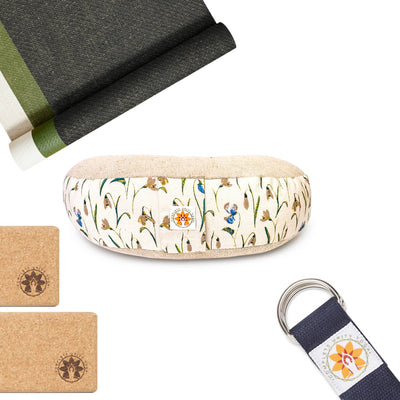 CompleteGrip™ Jute Non-Slip Yoga Mat Home Yoga Set photograph of meadow of enlightenment meditation cushion, yoga strap, cork yoga blocks and yoga mats in Forest Green, Space Black, and Eco Natural White  #meditation-cushion-colour_meadow-of-enlightenment