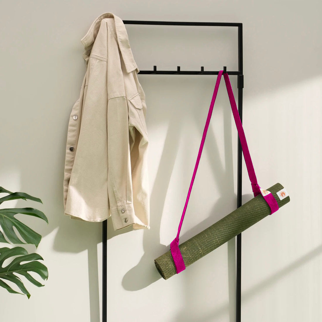 Yoga Mat Carrying Strap Complete Unity Yoga Strap Iconic Pink with Forest Green Yoga Mat Lifestyle #colour_iconic-pink